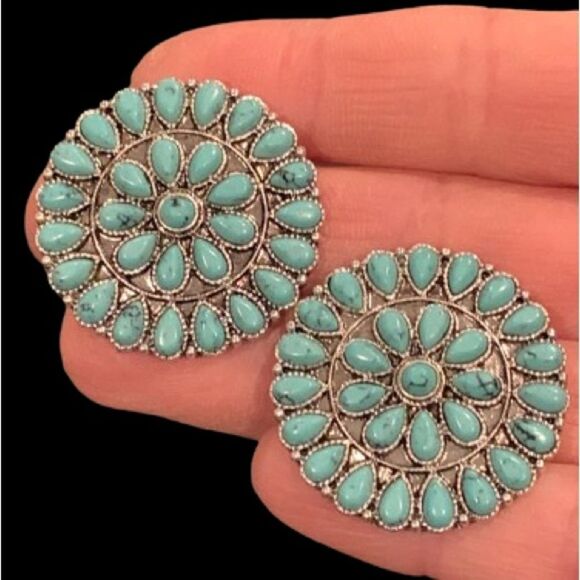 Men’s Western Concho Style Earrings – Silver Tone with Turquoise Accent Stones - Picture 1 of 8